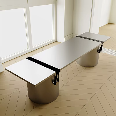 Silver Long Desk With Cylindrical Metal Bases By Bright Window On Wooden Floor 3d model