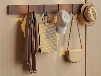 Wooden Hook Rack With Scarf Shopping Bag Cap Straw Hat And Crossbody Bag 3d model