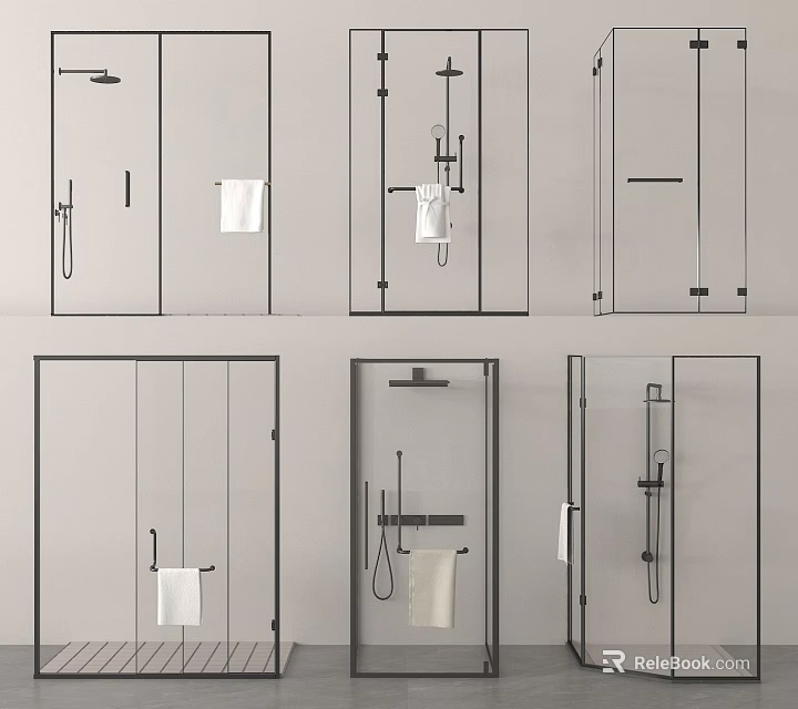 Multiple Modern Shower Sauna Styles Featuring Glass Enclosures Towel Racks and Shower Heads 3d model 