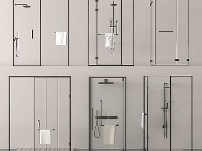 Multiple Modern Shower Sauna Styles Featuring Glass Enclosures Towel Racks and Shower Heads 3d model