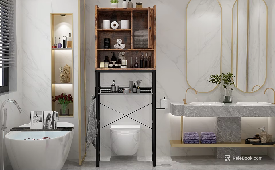 Elegant Modern Bathroom Interior Design With Marble Countertop Wooden Shelf And Bathtub 3d model 