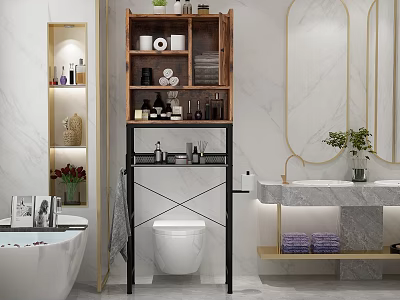 Elegant Modern Bathroom Interior Design With Marble Countertop Wooden Shelf And Bathtub 3d model