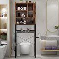 Elegant Modern Bathroom Interior Design With Marble Countertop Wooden Shelf And Bathtub