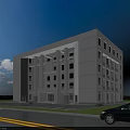Modern Multi Storey Office Building With Gray Exterior Large Windows Lawn And Roadside Black Car