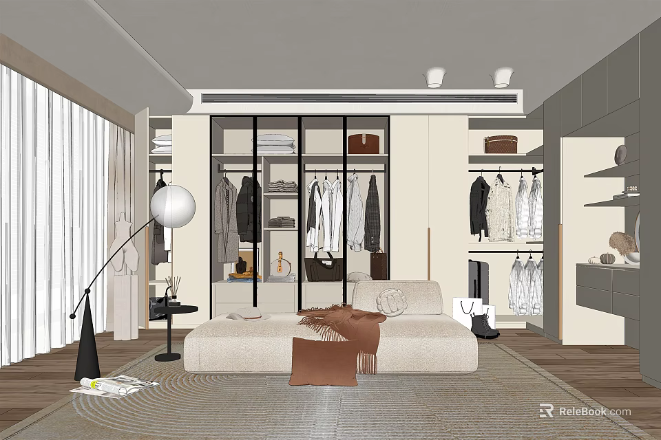 Modern Walk in Closet Interior With Hanging Clothes Storage Cabinets And Seating Area 3d model 
