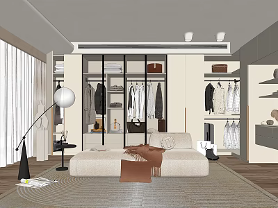 Modern Walk in Closet Interior With Hanging Clothes Storage Cabinets And Seating Area 3d model