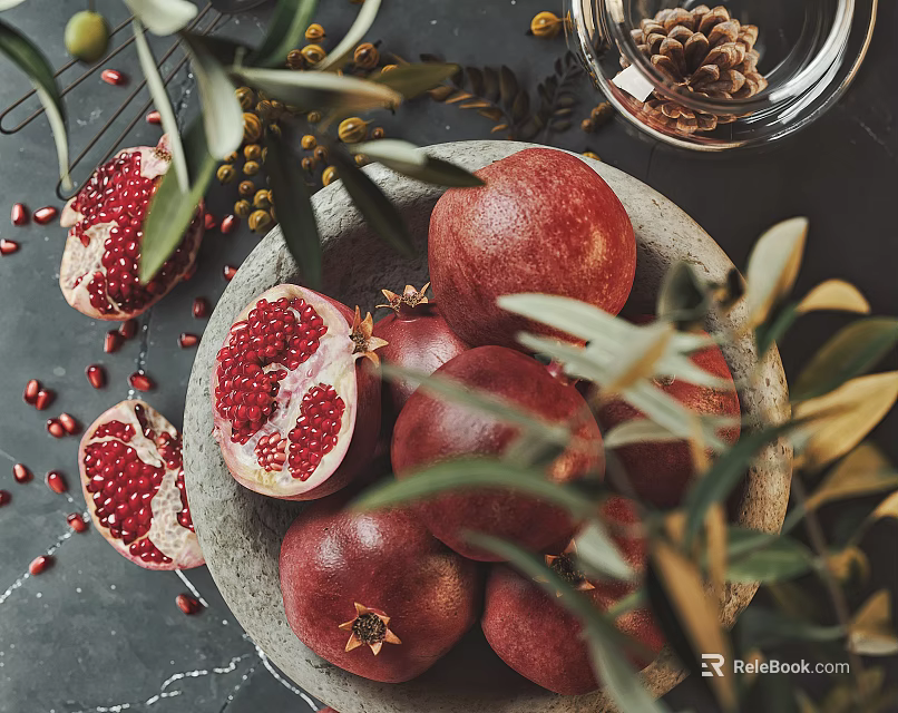 Fresh Pomegranates in Stone Bowl with Halved Fruits Seeds and Green Leaves 3d model 