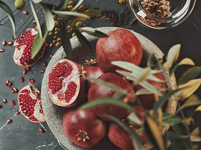 Fresh Pomegranates in Stone Bowl with Halved Fruits Seeds and Green Leaves 3d model