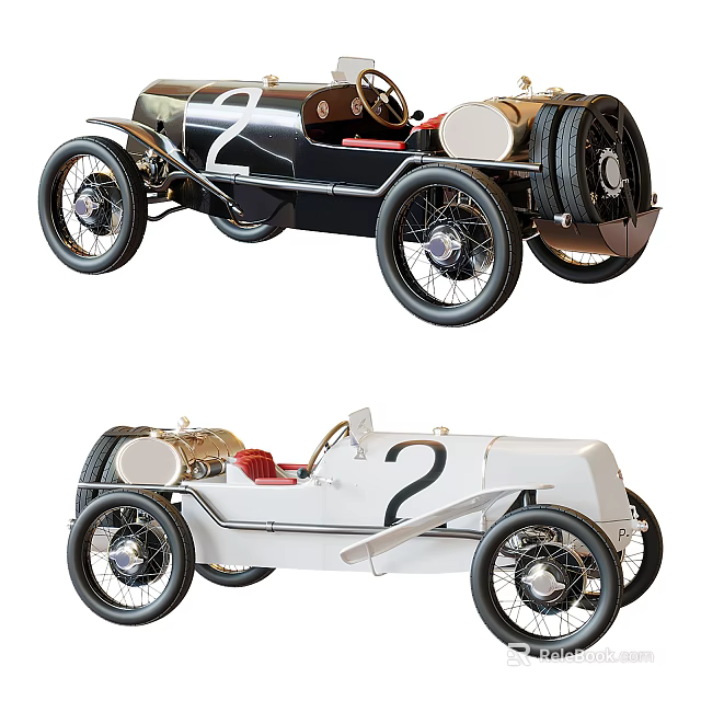 Vintage Race Cars in Black and White with Number 2 Classic Design 3d model 