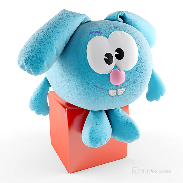 Blue Plush Toy with Big Ears Large Eyes and Pink Nose sitting on Red Cube 3d model 