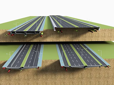 Road Infrastructure Design With Layered Ground Structure Multiple Lanes And Support Components 3d model
