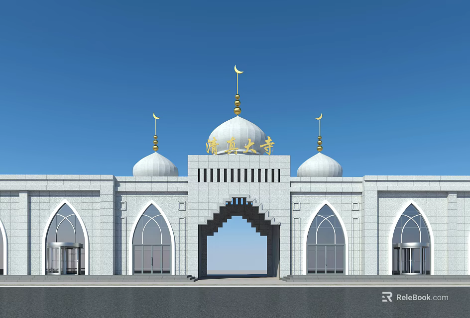 Ancient Mosque Architecture With White Exterior Golden Domes And Crescent Ornaments 3d model 