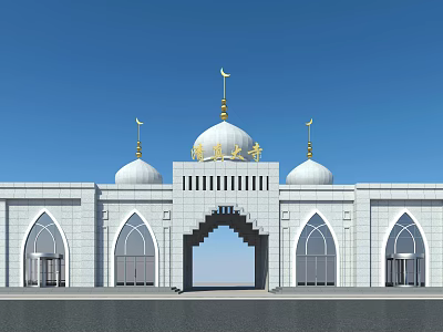 Ancient Mosque Architecture With White Exterior Golden Domes And Crescent Ornaments 3d model
