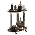 Two Tier Black Gold Bar Cart With Marble Top Holding Wine Glasses Champagne Ice Bucket