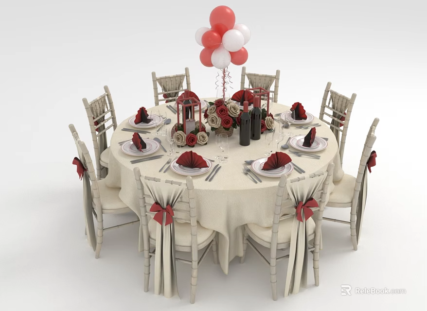 Elegant Dining Table Set With White Tablecloth Chairs Red Ribbons Tableware Flower Bouquet Balloon Decor 3d model 