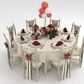 Elegant Dining Table Set With White Tablecloth Chairs Red Ribbons Tableware Flower Bouquet Balloon Decor