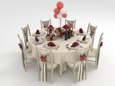 Elegant Dining Table Set With White Tablecloth Chairs Red Ribbons Tableware Flower Bouquet Balloon Decor 3d model
