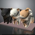 Three Adorable Different Colored Cat Plush Toys on Pink Display Platform