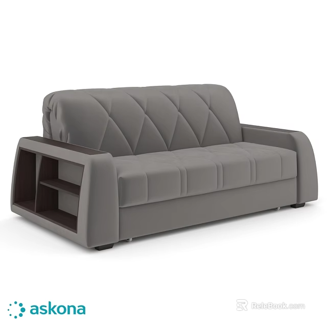 Gray Two Seater Sofa With Diamond Tufted Back And Wooden Armrest Storage Shelves 3d model 