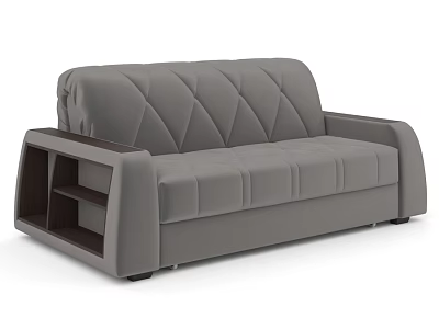 Gray Two Seater Sofa With Diamond Tufted Back And Wooden Armrest Storage Shelves 3d model