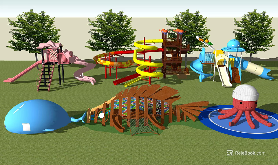 Outdoor Playground Equipment With Spiral Slides Climbing Frames And Animal Shaped Structures For Kids Fun 3d model