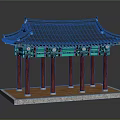 Traditional Architectural Structure with Tiled Roof Green Decorations and Red Pillars on Square Base