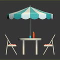 Outdoor Table with Round Design Blue White Striped Umbrella Red White Checkered Chairs Colorful Bottles