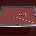 Red Felt Billiard Table With Black Frame Cue Stick And Colorful Balls