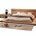 Modern Wooden Double Bed With Bedspread Pillows Nightstand Lamp And Rug