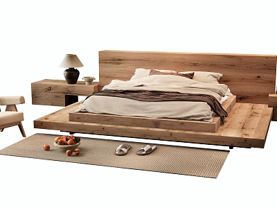 Modern Wooden Double Bed With Bedspread Pillows Nightstand Lamp And Rug 3d model