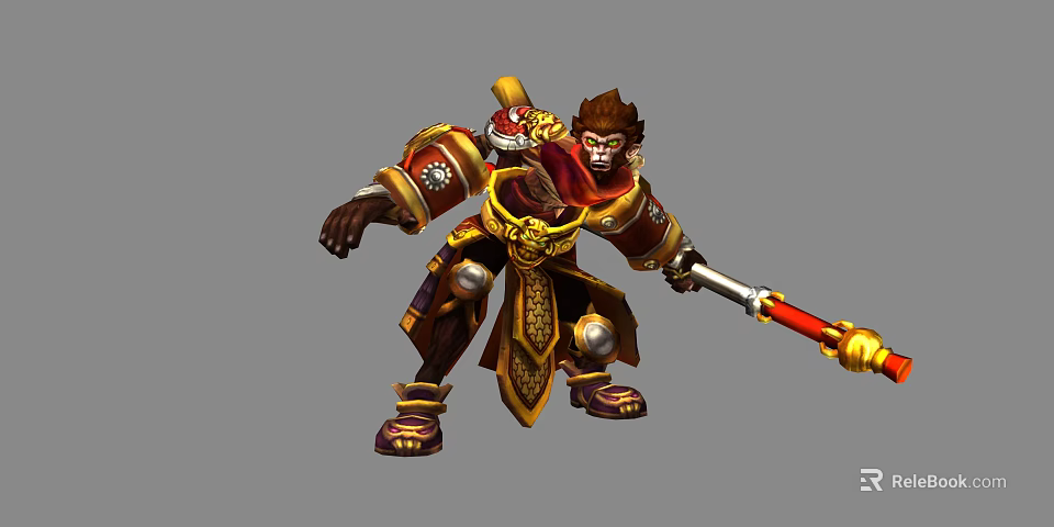 Game Movie Warrior Monkey Character Wearing Golden Red Armor And Holding Staff 3d model 