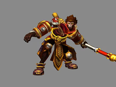 Game Movie Warrior Monkey Character Wearing Golden Red Armor And Holding Staff 3d model