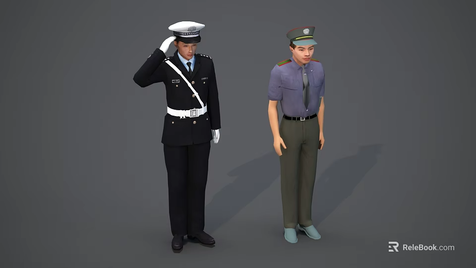 Men in different uniforms standing and saluting against gray background 3d model 