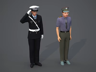 Men in different uniforms standing and saluting against gray background 3d model