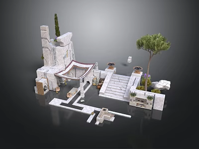 Ancient Stone Building Courtyard Design With Archway Steps Potted Plants And Trees 3d model