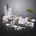 Ancient Stone Building Courtyard Design With Archway Steps Potted Plants And Trees
