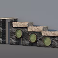 Black Brick Background Wall with Circular Green Windows and Stone Step like Top 3d model