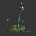 Fantasy Blue Purple Sword With Green Grass Platform And Falling White Leaves