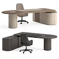 Modern Office Desk With Curved Wooden Top Drawer Cabinet And Ergonomic Chair