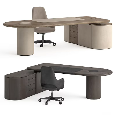 Modern Office Desk With Curved Wooden Top Drawer Cabinet And Ergonomic Chair 3d model
