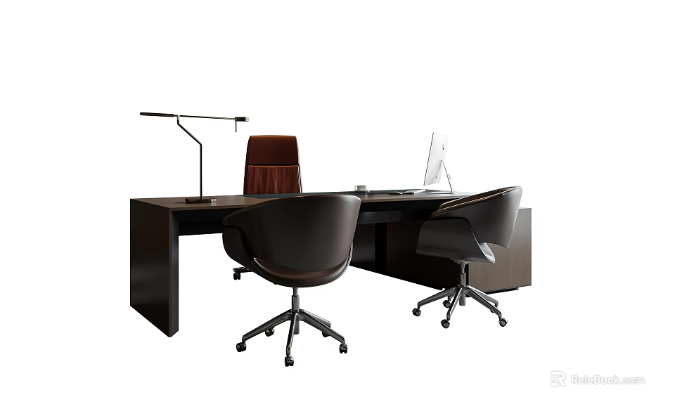 Modern Dark Office Desk Setup With Desk Lamp Computer Monitor And Office Chairs 3d model 