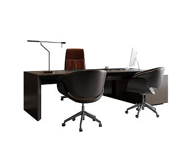 Modern Dark Office Desk Setup With Desk Lamp Computer Monitor And Office Chairs 3d model