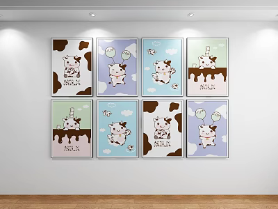Abstract Paintings With Cartoon Cows Balloons Milk Text And Various Colored Backgrounds Hanging On Wall 3d model
