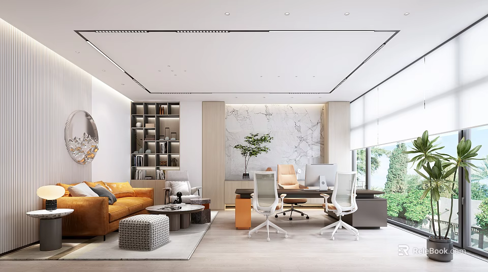 Modern Office Interior With Open Layout Sofa Bookshelf Marble Wall And Floor to Ceiling Windows 3d model