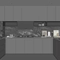 Modern Dark Kitchen Interior With Marble Backsplash Stove Window Blinds And Cabinets 3d model