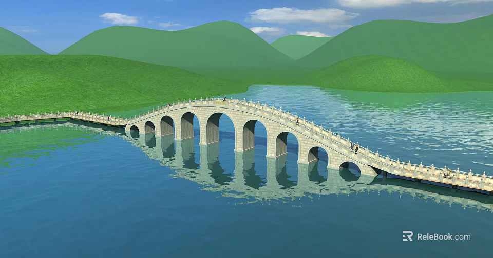 Scenic Stone Arch Bridge Over Lake With Green Hills And Water Reflections 3d model 
