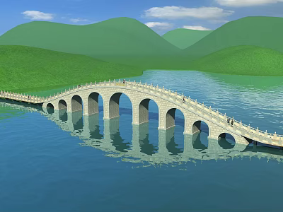 Scenic Stone Arch Bridge Over Lake With Green Hills And Water Reflections 3d model