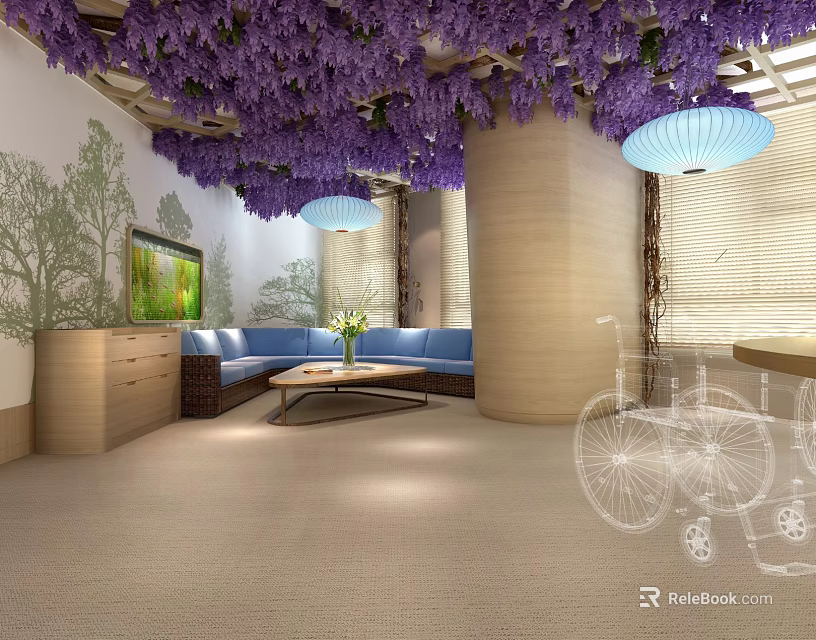 Cozy Leisure Area With Purple Wisteria Ceiling Blue Sofa Wooden Coffee Table And Tree Mural 3d model 