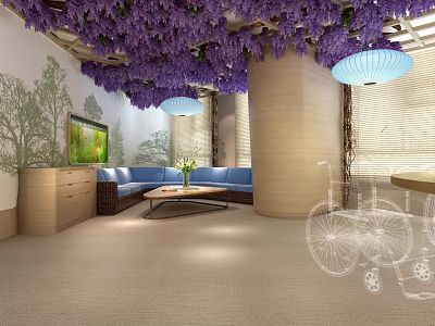 Cozy Leisure Area With Purple Wisteria Ceiling Blue Sofa Wooden Coffee Table And Tree Mural 3d model
