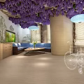 Cozy Leisure Area With Purple Wisteria Ceiling Blue Sofa Wooden Coffee Table And Tree Mural